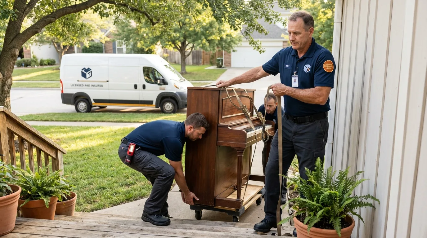 Licensed piano movers securing grand piano in Drexel, NC