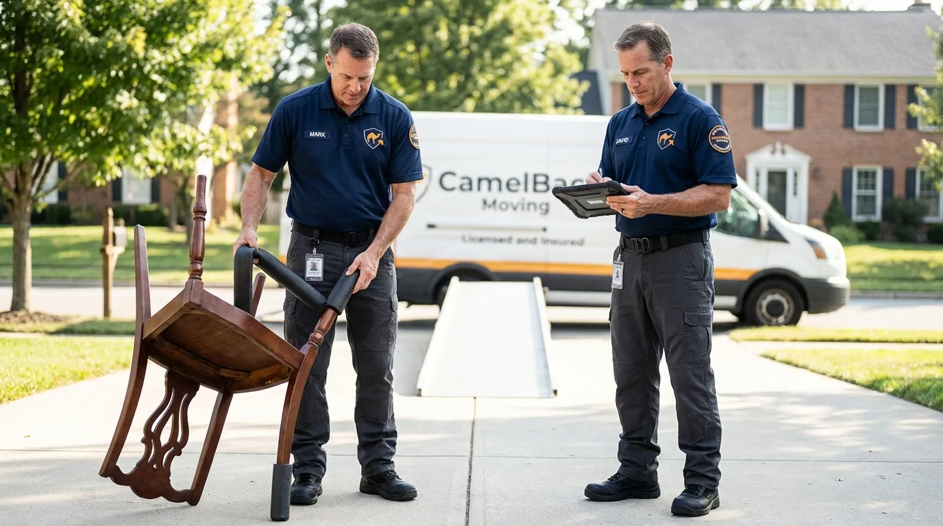 Movers inspecting furniture for damage prevention before loading in Drexel, NC