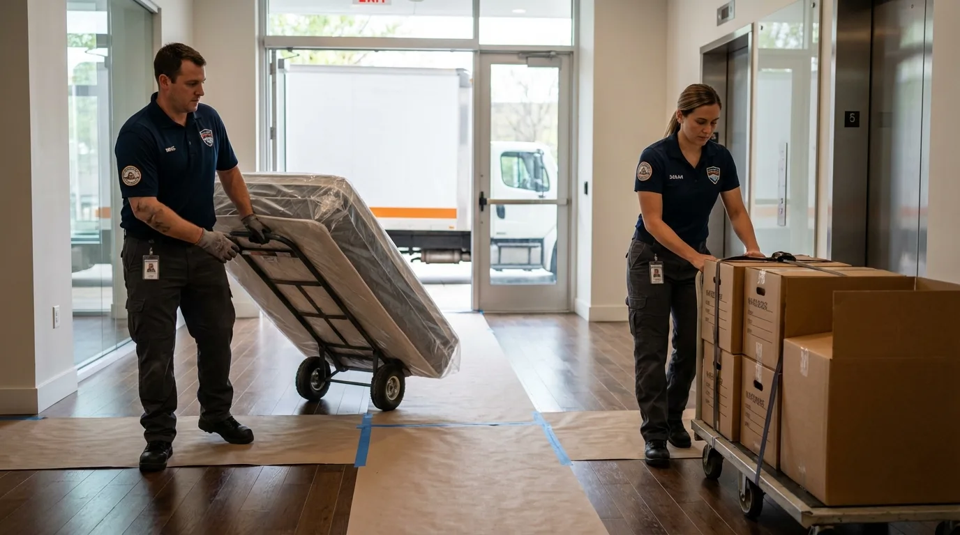 Professional apartment movers loading elevator in Drexel, NC